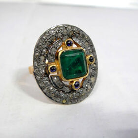 vintage rings 4.13 Tcw Emerald, Blue Sapphire Rose Cut Diamond 925 Sterling Silver vintage jewelry