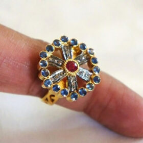 antique rings 2.16 Tcw Ruby, Blue Sapphire Rose Cut Diamond 925 Sterling Silver vintage style jewelry