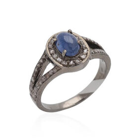 polki rings 2.15 Tcw Blue sapphire Rose Cut Diamond 925 Sterling Silver art deco jewelry