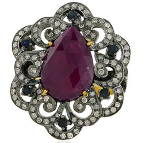 vintage rings 5 Tcw Ruby, Blue Sapphire Rose Cut Diamond 925 Sterling Silver art deco jewelry