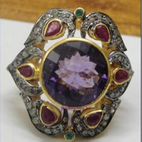 polki rings 5.65 Tcw Amethyst, ruby, emerald Rose Cut Diamond 925 Sterling Silver antique vintage jewelry