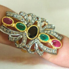 uncut ring 5.76 Tcw emerald, ruby, sapphire Rose Cut Diamond 925 Sterling Silver antique jewelry