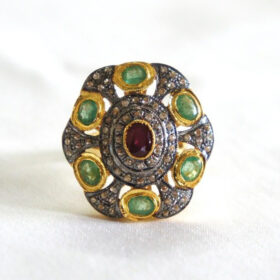 rose cut rings 6 Tcw Emerald, Ruby Rose Cut Diamond 925 Sterling Silver antique jewelry