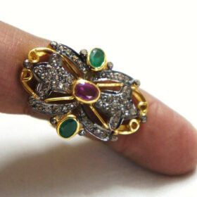 uncut ring 2.3 Tcw Emerald, Ruby Rose Cut Diamond 925 Sterling Silver vintage jewelry