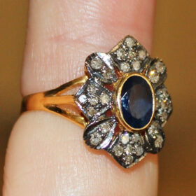 rose cut rings 2.65 Tcw Blue Sapphire, Pearl Rose Cut Diamond 925 Sterling Silver vintage jewelry