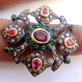 rose cut rings 4.84 Tcw Emerald, Ruby Rose Cut Diamond 925 Sterling Silver vintage style jewelry