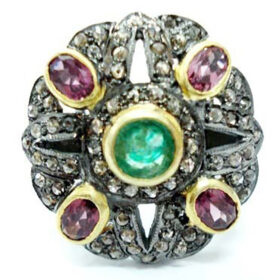 vintage engagement rings 3.53 Tcw Emerald, Ruby Rose Cut Diamond 925 Sterling Silver fine antique jewelry