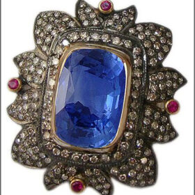 polki rings 5.3 Tcw Ruby, Sapphire Rose Cut Diamond 925 Sterling Silver vintage art deco jewelry