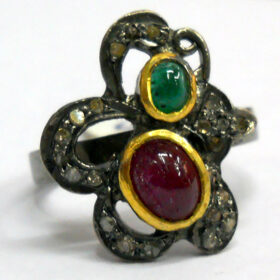 vintage rings 2.45 Tcw Ruby, Emerald Rose Cut Diamond 925 Sterling Silver victorian jewelry