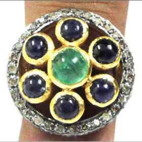 rose cut rings 7.8 Tcw Emerald, Sapphire Rose Cut Diamond 925 Sterling Silver vintage style jewelry