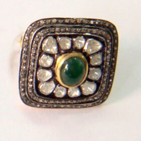 polki rings 3.09 Tcw Emerald Rose Cut Diamond 925 Sterling Silver vintage art deco jewelry