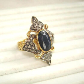 vintage engagement rings 4.3 Tcw Blue Sapphire Rose Cut Diamond 925 Sterling Silver antique jewelry