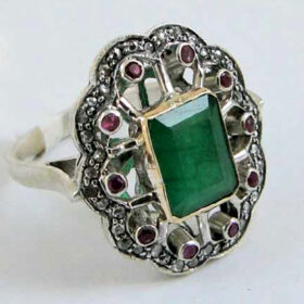 vintage engagement rings 5.1 Tcw Emerald, Ruby Rose Cut Diamond 925 Sterling Silver vintage style jewelry