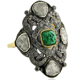 victorian rings 2.78 Tcw Emerald Rose Cut Diamond 925 Sterling Silver vintage art deco jewelry