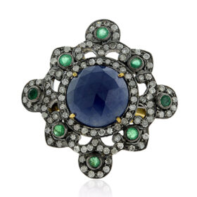 antique rings 4.45 Tcw Emerrald, Blue Sapphire Rose Cut Diamond 925 Sterling Silver fine antique jewelry