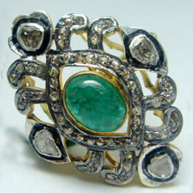 polki rings 2.9 Tcw Emerald Rose Cut Diamond 925 Sterling Silver antique jewelry