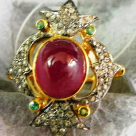 vintage engagement rings 4.4 Tcw Emerald, Ruby Rose Cut Diamond 925 Sterling Silver fine antique jewelry