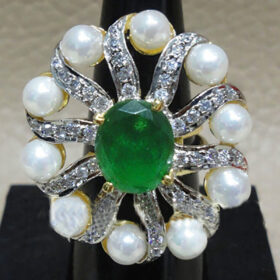 polki rings 7.2 Tcw Emerald, Pearl Rose Cut Diamond 925 Sterling Silver art deco jewelry