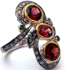polki rings 4.6 Tcw Ruby, Emerald Rose Cut Diamond 925 Sterling Silver vintage art deco jewelry