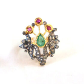 vintage rings 1.75 Tcw Emerald, Ruby Rose Cut Diamond 925 Sterling Silver art deco jewelry