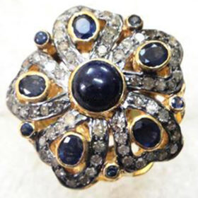 vintage engagement rings 7.6 Tcw Blue Sapphire, Pearl Rose Cut Diamond 925 Sterling Silver victorian jewelry