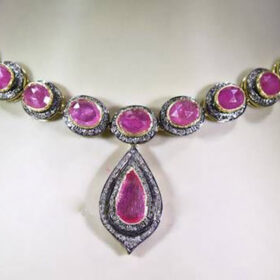 polki necklace 41.5 Tcw Ruby Rose Cut Diamond 925 Sterling Silver vintage art deco jewelry