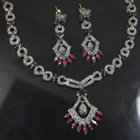 antique necklace 12 Tcw Ruby, Sapphire Rose Cut Diamond 925 Sterling Silver vintage style jewelry