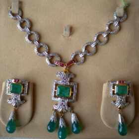 vintage necklaces 22.5 Tcw Emerald, Ruby Rose Cut Diamond 925 Sterling Silver art deco jewelry