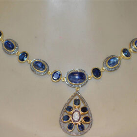 victorian necklace 45.6 Tcw Sapphire Rose Cut Diamond 925 Sterling Silver fine antique jewelry