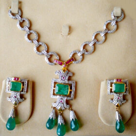 vintage necklaces 18.22 Tcw Ruby, Emerald Rose Cut Diamond 925 Sterling Silver antique jewelry