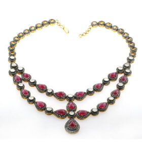 antique necklace 46 Tcw Ruby, Topaz Rose Cut Diamond 925 Sterling Silver vintage style jewelry