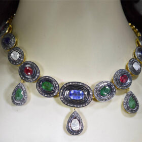 vintage necklaces 27.45 Tcw Emerald, Ruby, Sapphire Rose Cut Diamond 925 Sterling Silver art deco jewelry