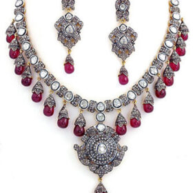 polki necklace 59.5 Tcw Ruby Rose Cut Diamond 925 Sterling Silver vintage art deco jewelry