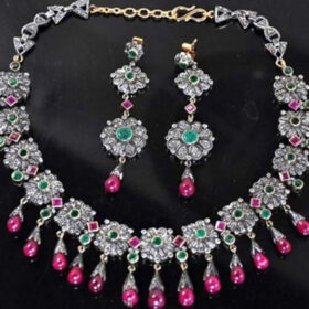 antique necklace 80 Tcw Ruby, Emerald Rose Cut Diamond 925 Sterling Silver victorian jewelry