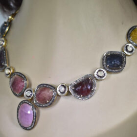 vintage necklaces 22.4 Tcw Ruby, Emerald, Topaz, Rose Cut Diamond 925 Sterling Silver art deco jewelry