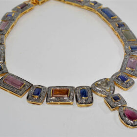 polki necklace 54.5 Tcw ruby, topaz Rose Cut Diamond 925 Sterling Silver vintage art deco jewelry