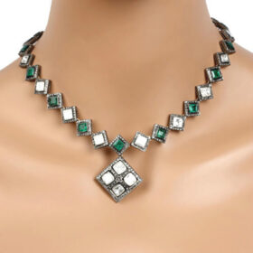 antique necklace 31.1 Tcw Emerald Rose Cut Diamond 925 Sterling Silver vintage style jewelry