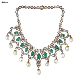 uncut necklace 58.3 Tcw Emerald, Pearl Rose Cut Diamond 925 Sterling Silver antique vintage jewelry