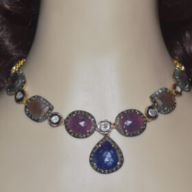 rose cut diamond necklace 39.45 Tcw Ruby, Sapphire Rose Cut Diamond 925 Sterling Silver vintage diamond jewelry