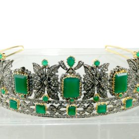 Princess Tiara 95 Carat Rose Cut Diamond & Emerald 85 Gms 925 Sterling Silver