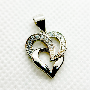 A silver heart-shaped pendant with an intertwined design and small diamonds