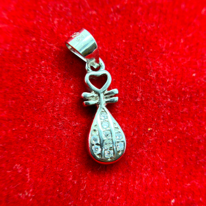 Silver pendant with a heart shape at the top and a teardrop design embellished with small diamonds