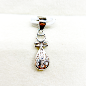 Silver pendant with a heart shape at the top and a teardrop design embellished with small diamonds