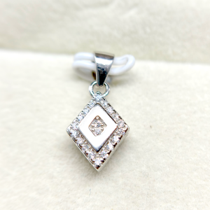 A square-shaped pendant with a concentric diamond design, surrounded by smaller diamonds