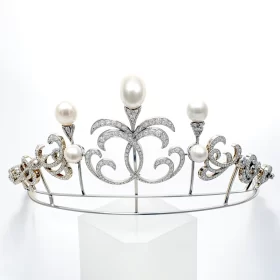 Queen Crown 28 Carat Round Brilliant Diamond & Pearl 50.6 Gms 14K Gold