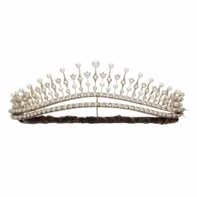 bridal tiara 41 Carat Round Brilliant Diamond & Pearl 45.69 Gms 14K Gold