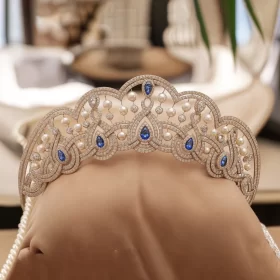 Wedding Tiaras 36.52 Carat Round Brilliant Diamond & Pearl, Sapphire 102.8 Gms 14K Gold