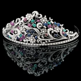 wedding crown 44.5 Carat Round Brilliant Diamond & Emerald, Ruby, Sapphire 65.25 Gms 14K Gold