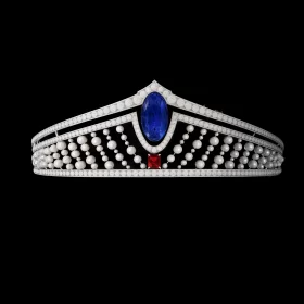 bridal tiara 25.8 Carat Round Brilliant Diamond & Ruby, Sapphire 78.8 Gms 14K Gold