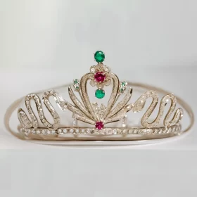 Girls Crown 11.1 Carat Rose Cut Diamond & Emerald, Ruby 47.25 Gms 925 Sterling Silver